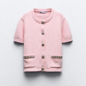 Zara Pink Cardigan Embellished Short Sleeve Rhinestone Buttons